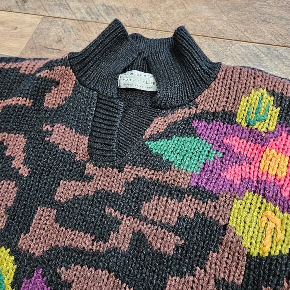 Palm Springs Yacht Club Knit Sweater Chunky Black Floral Pullover Grannycore - Picture 6 of 13